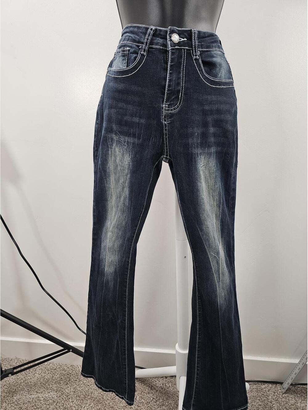 Sky High-Waisted Dark Wash Jeans with Subtle Fading